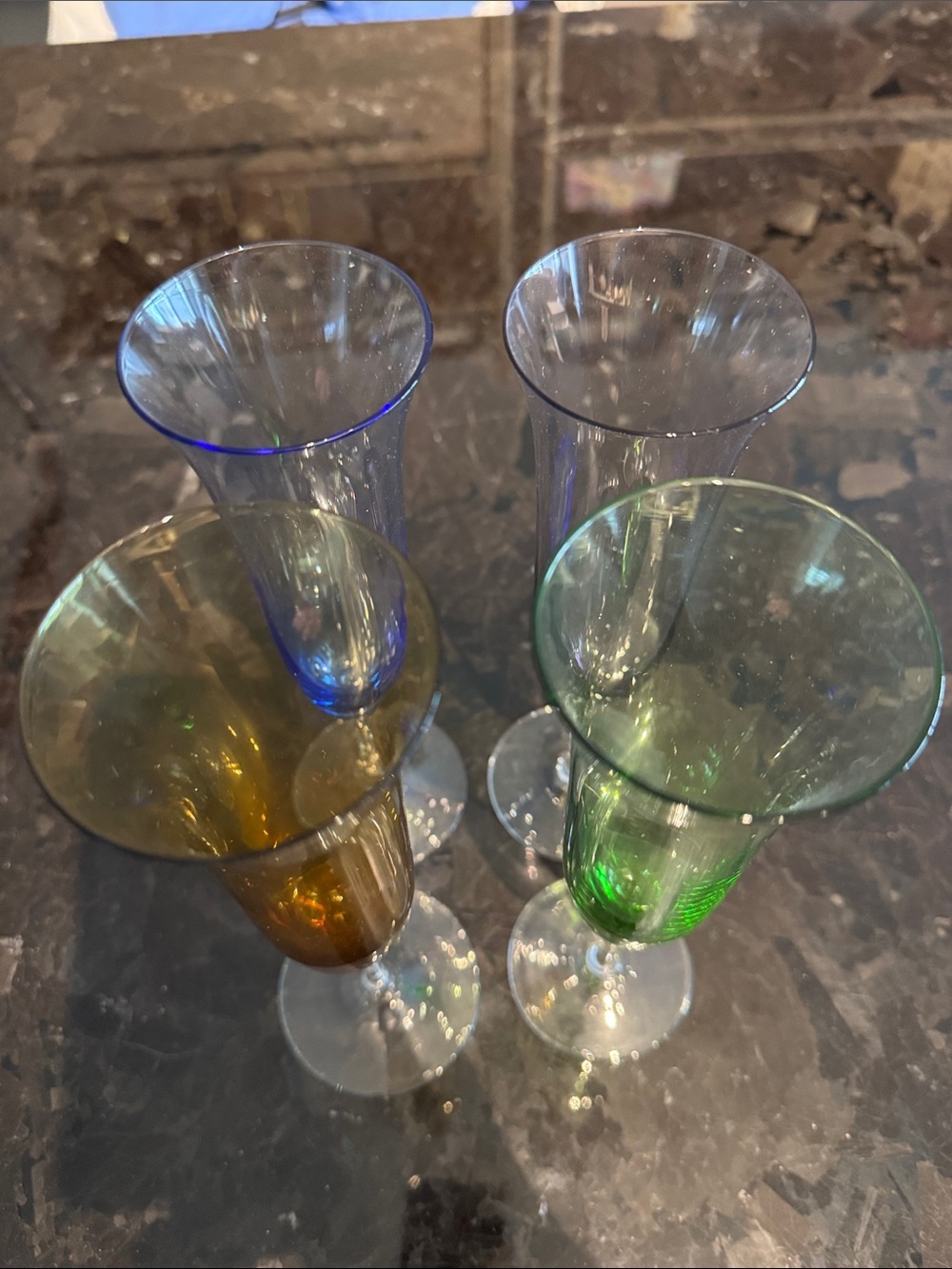 Set of 4 Colored Champagne Flutes - Green, Amber, Purple, Blue